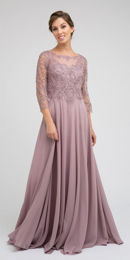 Juliet M11 Appliqued Long A-Line Dress Chiffon Quarter Sleeves
