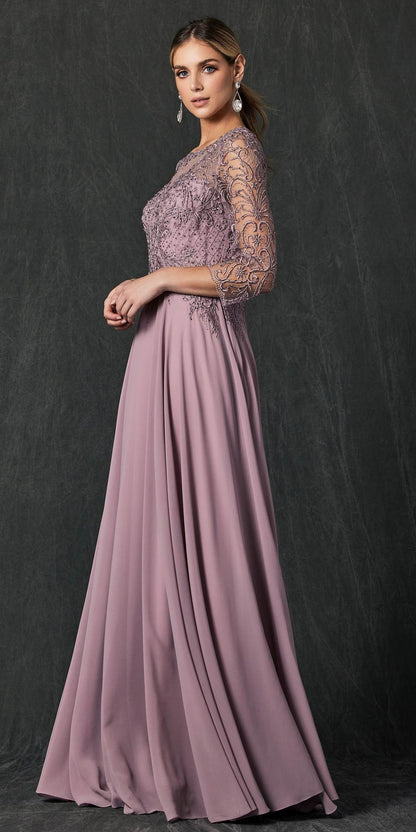 Juliet M11 Appliqued Long A-Line Dress Chiffon Quarter Sleeves