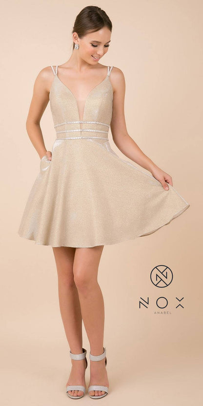 CLEARANCE - Nox Anabel M684 Short Gold Shimmering A-Line Dress (Size XS)