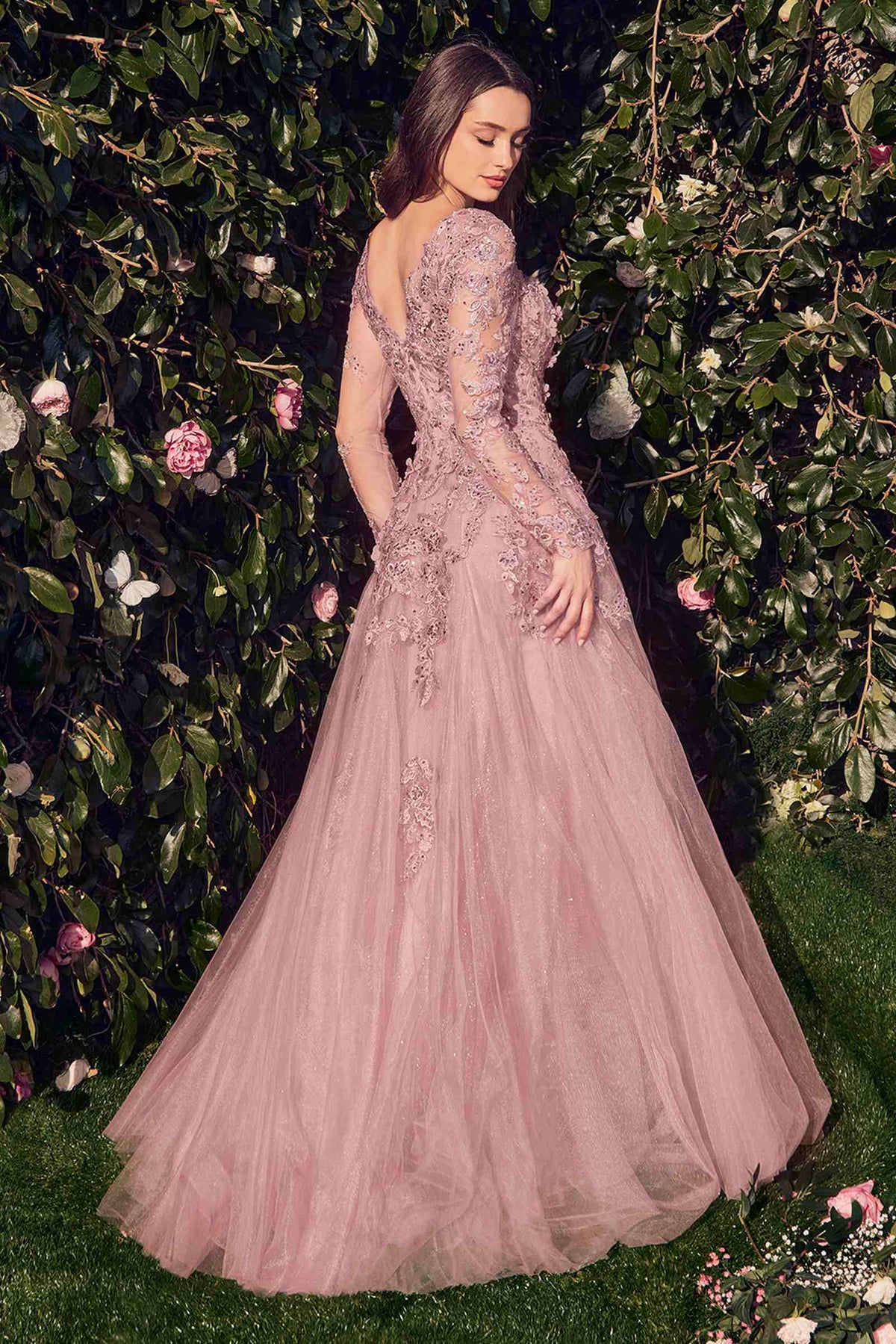 Andrea & Leo MA108 Dress Lace Layered Tulle Long Sleeve Gown