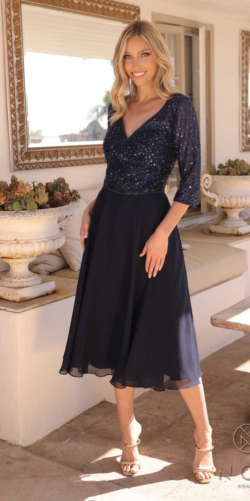 Nox Anabel MF104 Tea Length Sequin Bodice Short 3/4 Sleeve Dress