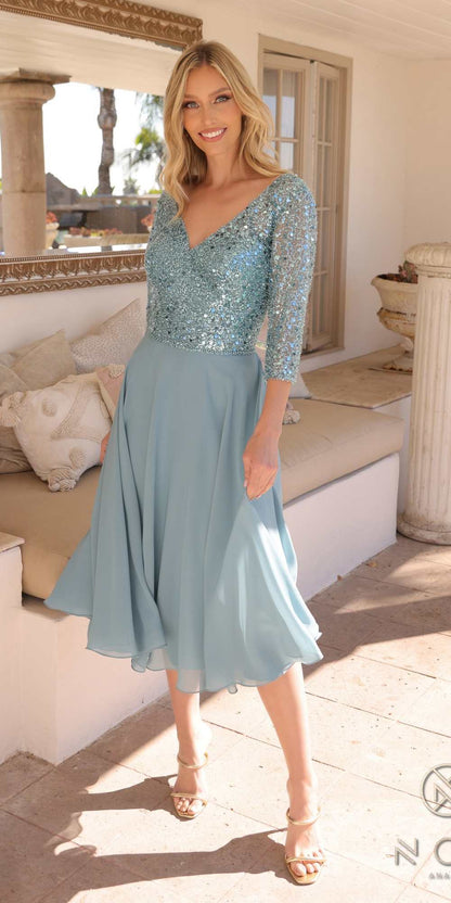 Nox Anabel MF104 Tea Length Sequin Bodice Short 3/4 Sleeve Dress