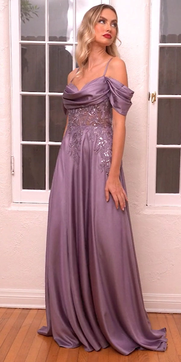Vestido largo de satén con hombros descubiertos Cinderella Divine OC012