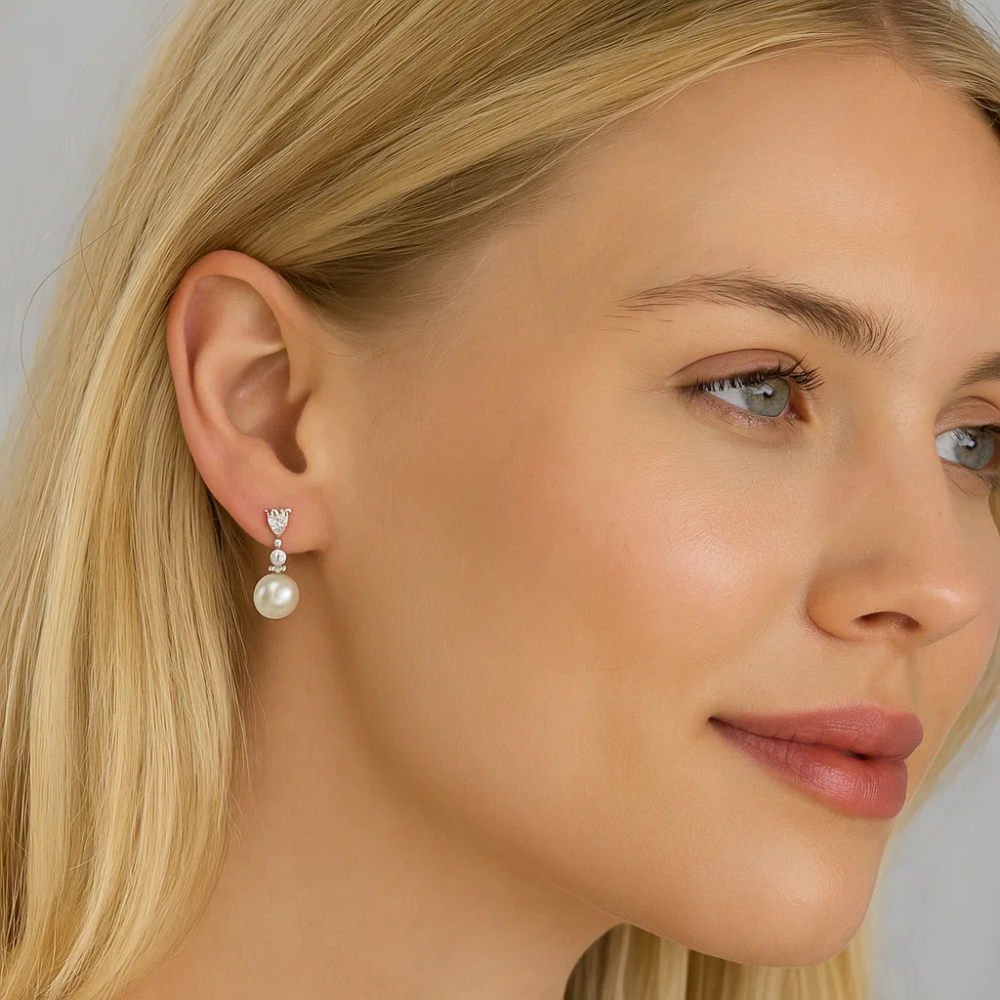 Pearl Drop Earrings with Cubic Zirconia  Accents Earrings