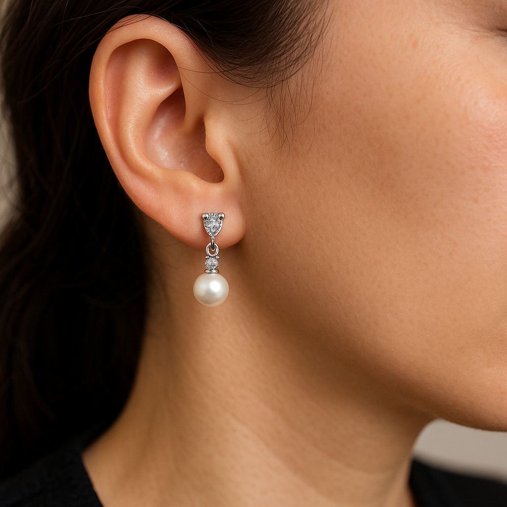 Pearl Drop Earrings with Cubic Zirconia  Accents Earrings