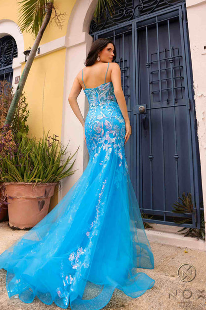 Nox Anabel Q1390 Long Fitted Sequin Applique Trumpet Skirt Gown