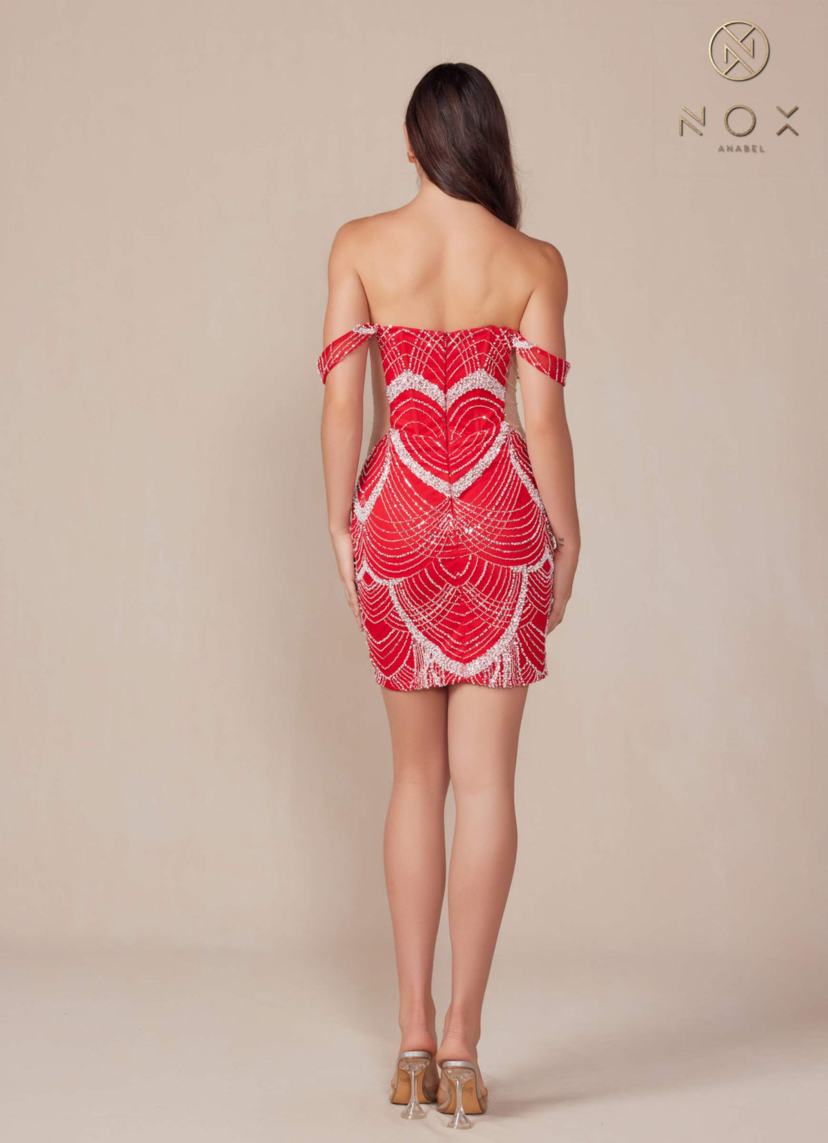 Nox Anabel Q839 Vestido Corto de Cóctel con Hombros Descubiertos y Cuentas