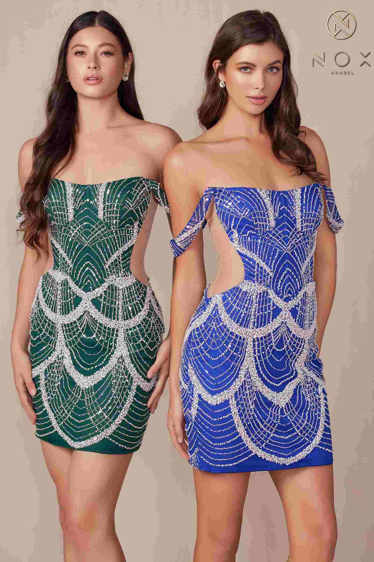 Nox Anabel Q839 Vestido Corto de Cóctel con Hombros Descubiertos y Cuentas