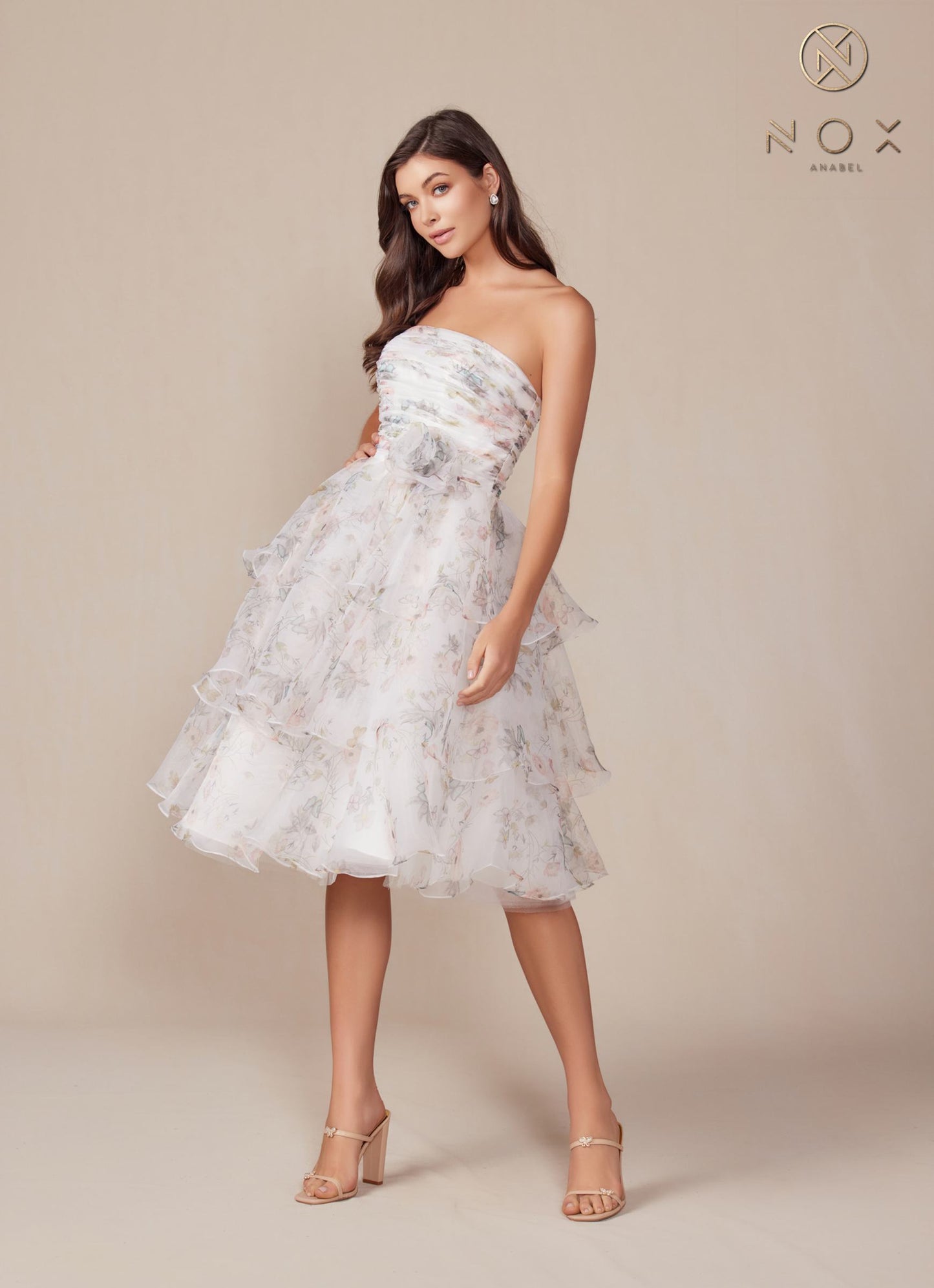 Nox Anabel Q842 Floral Print A-Line Tea Length Dress