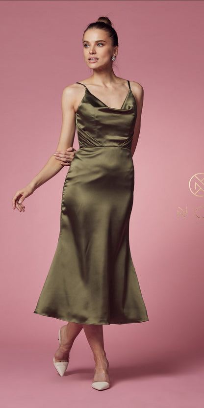 Nox Anabel R1027 Tea Midi-Length Formal Gown with Cowl Neckline