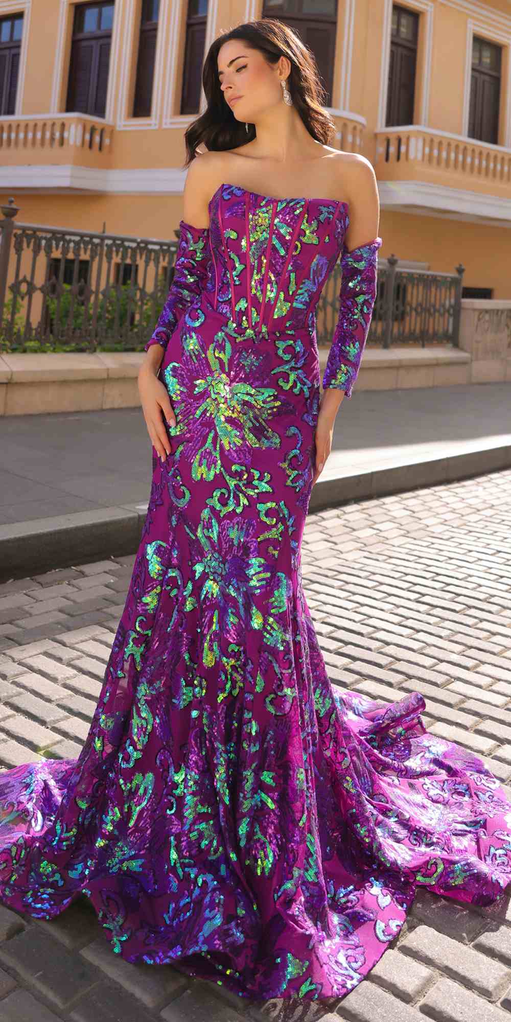 Vestido de gala con lentejuelas, diseño floral, sin tirantes, ajustado, con mangas a juego Nox Anabel R1268