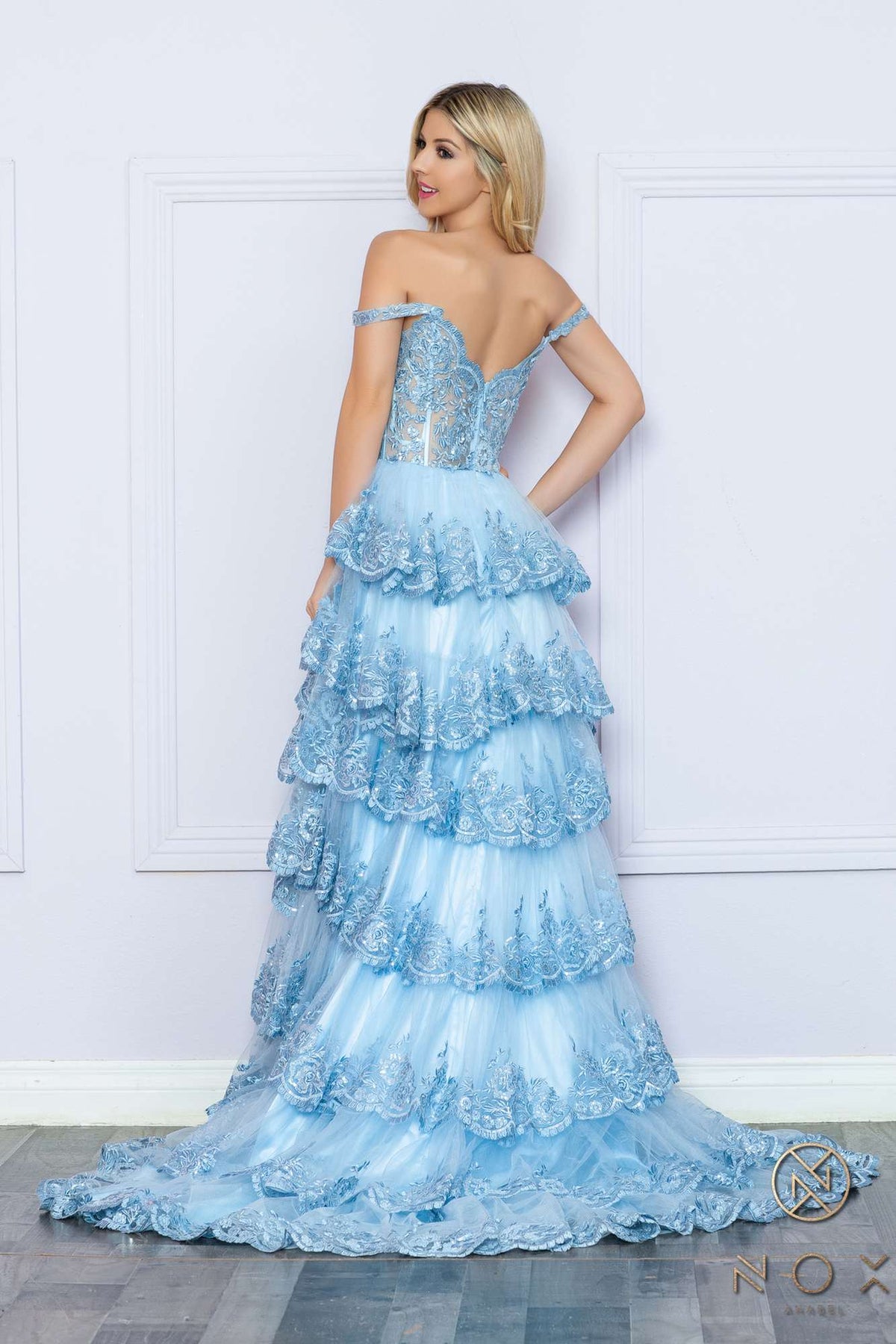 Nox Anabel R1299 Long Off the Shoulder Tiered Skirt A-Line Formal Gown