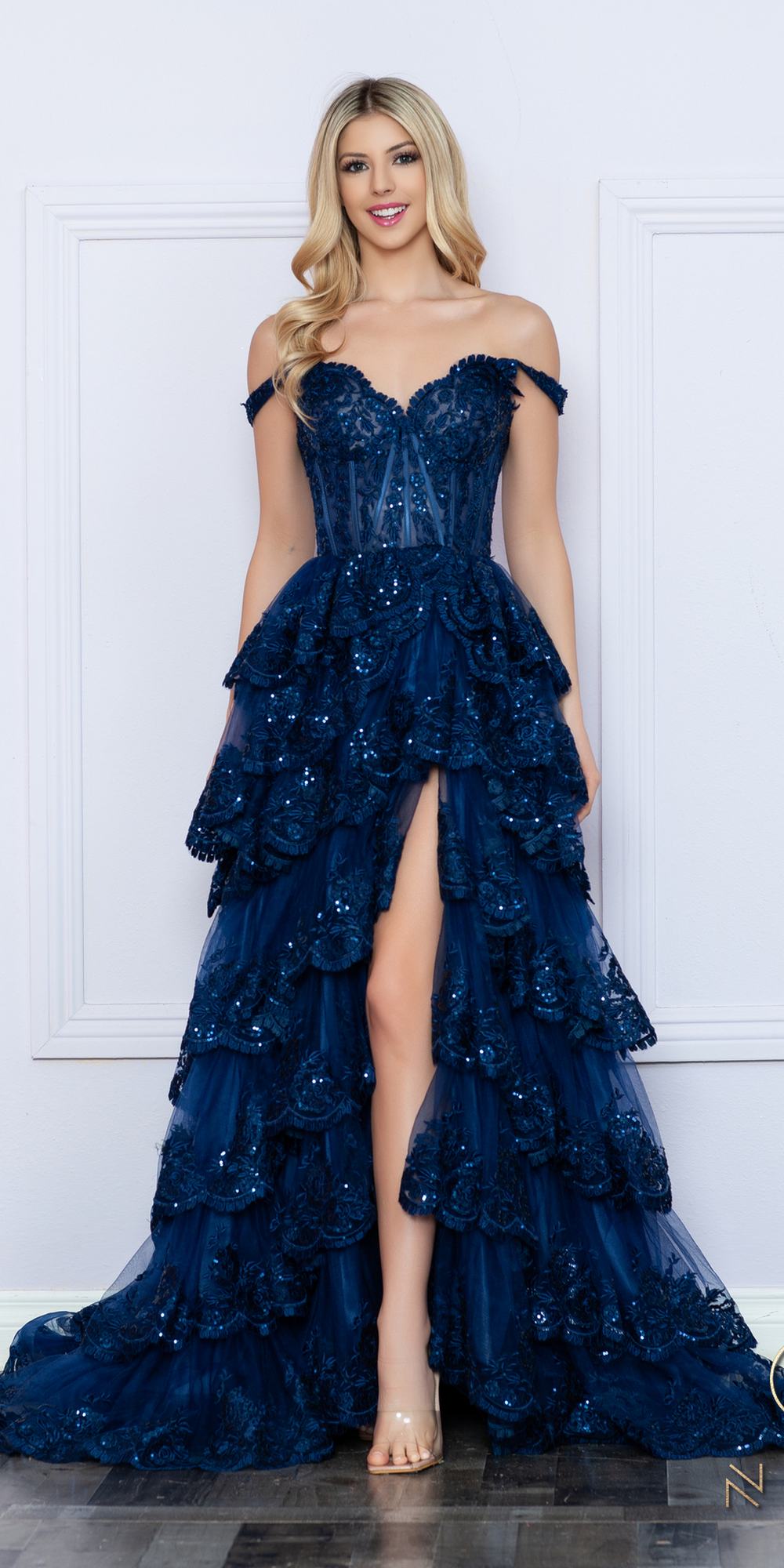 Nox Anabel R1299 Long Off the Shoulder Tiered Skirt A-Line Formal Gown