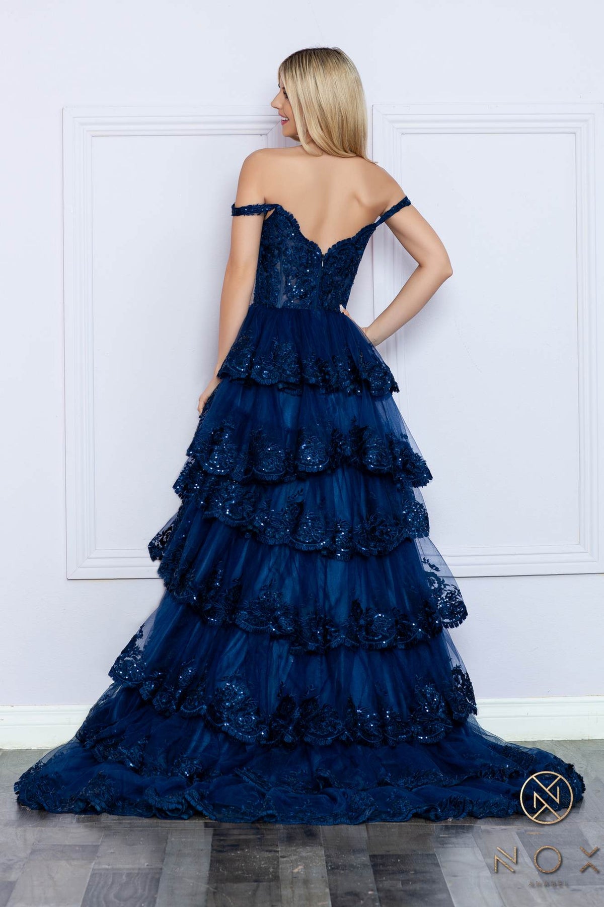 Nox Anabel R1299 Long Off the Shoulder Tiered Skirt A-Line Formal Gown