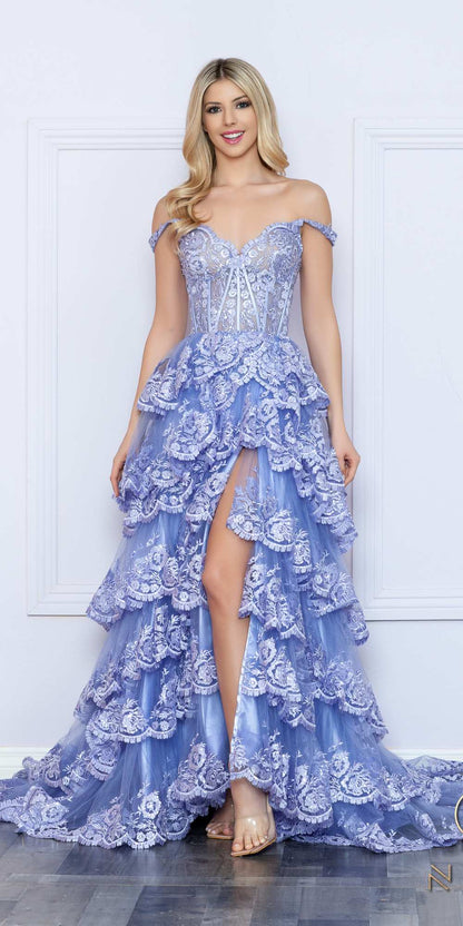 Nox Anabel R1299 Long Off the Shoulder Tiered Skirt A-Line Formal Gown