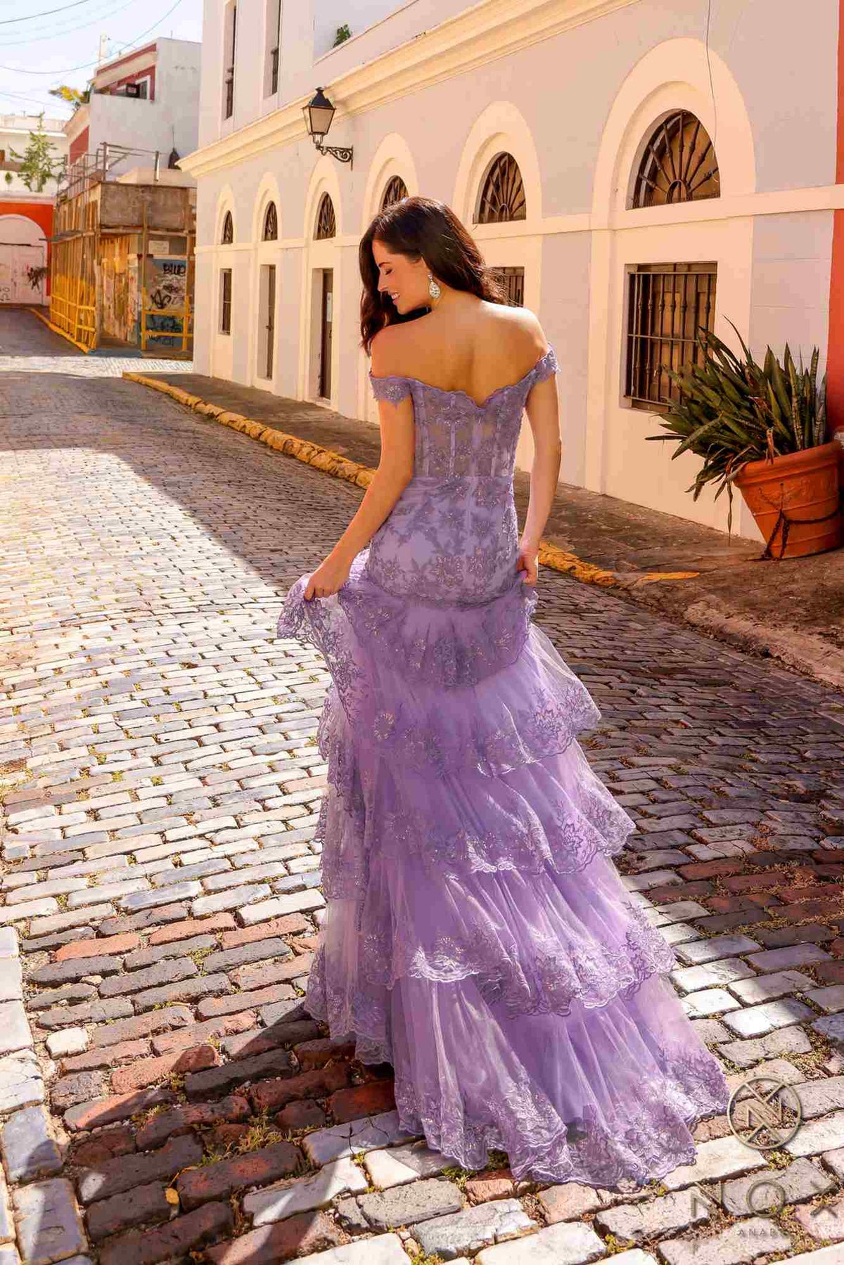 Nox Anabel R1301 Long Layered Tiered Skirt Off Shoulder Corset Dress