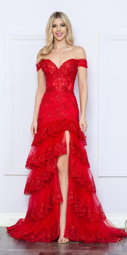 Nox Anabel R1301 Long Layered Tiered Skirt Off Shoulder Corset Dress
