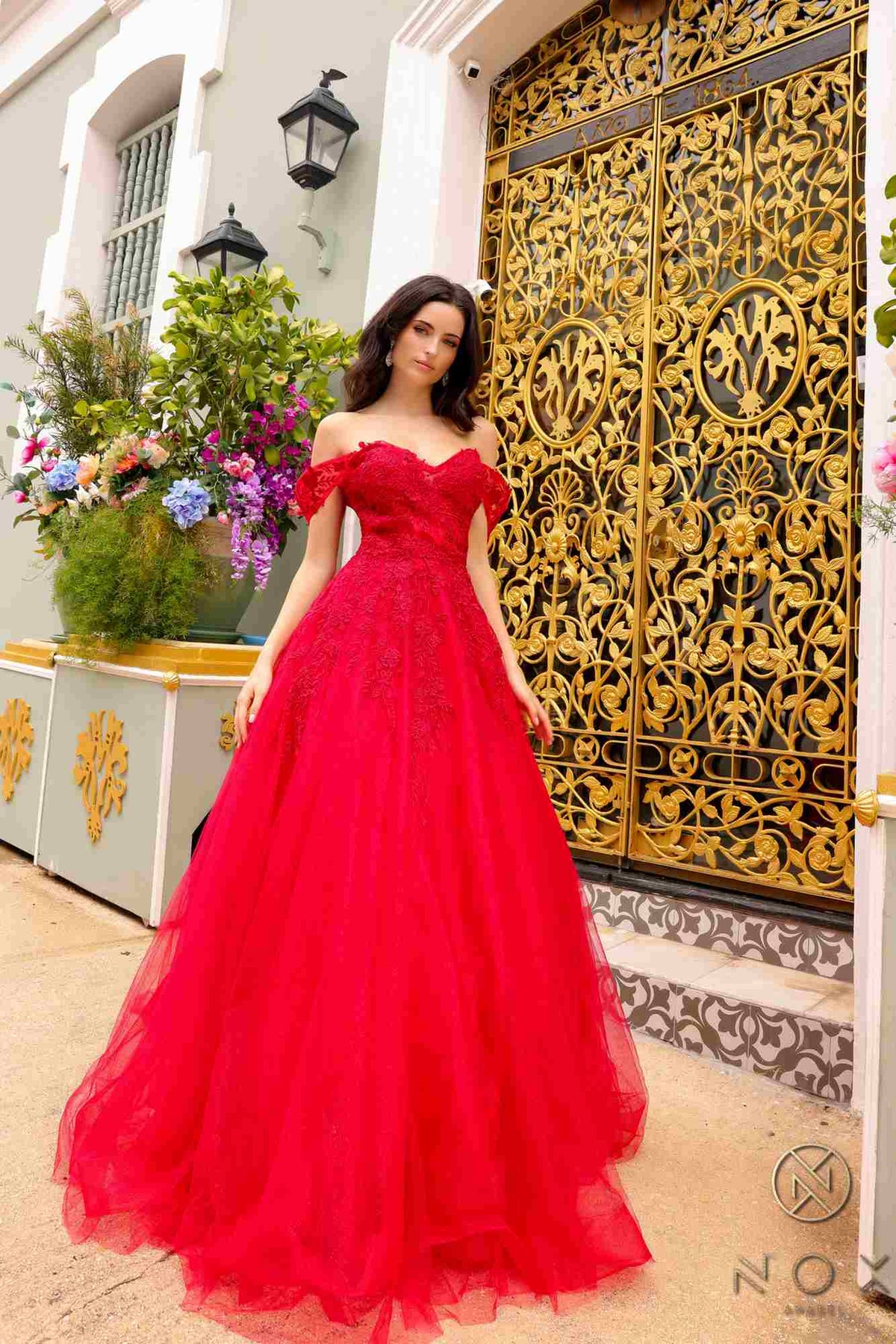 Nox Anabel R1303 Long Off the Shoulder Sweetheart Tulle A-Line Gown