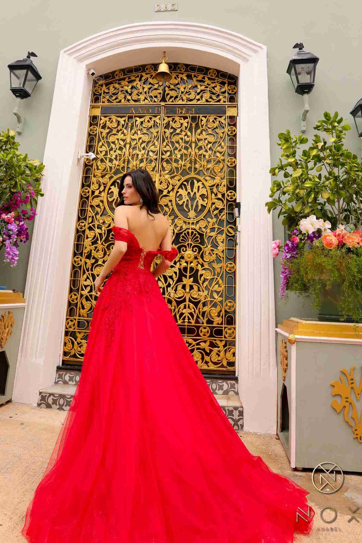 Nox Anabel R1303 Long Off the Shoulder Sweetheart Tulle A-Line Gown