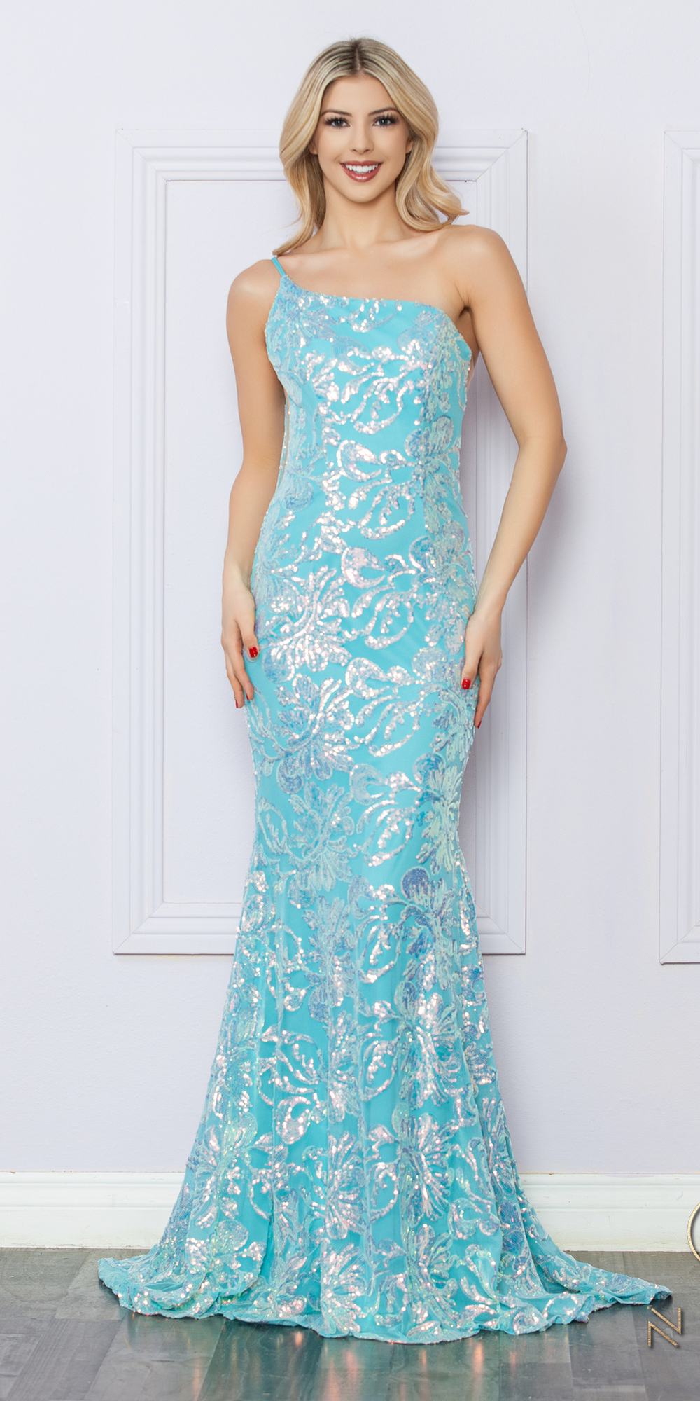 Nox Anabel R1308 Vestido largo de noche sirena con un hombro y estampado floral de lentejuelas