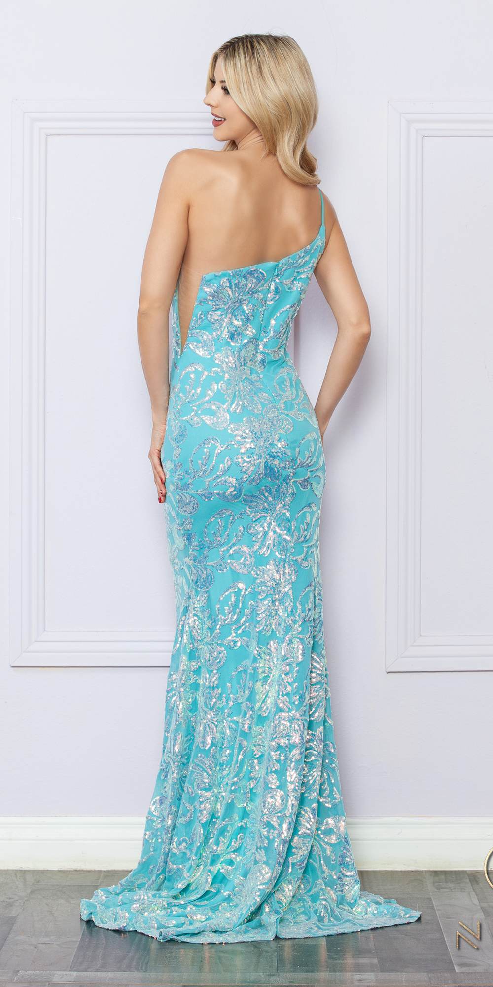 Nox Anabel R1308 Vestido largo de noche sirena con un hombro y estampado floral de lentejuelas