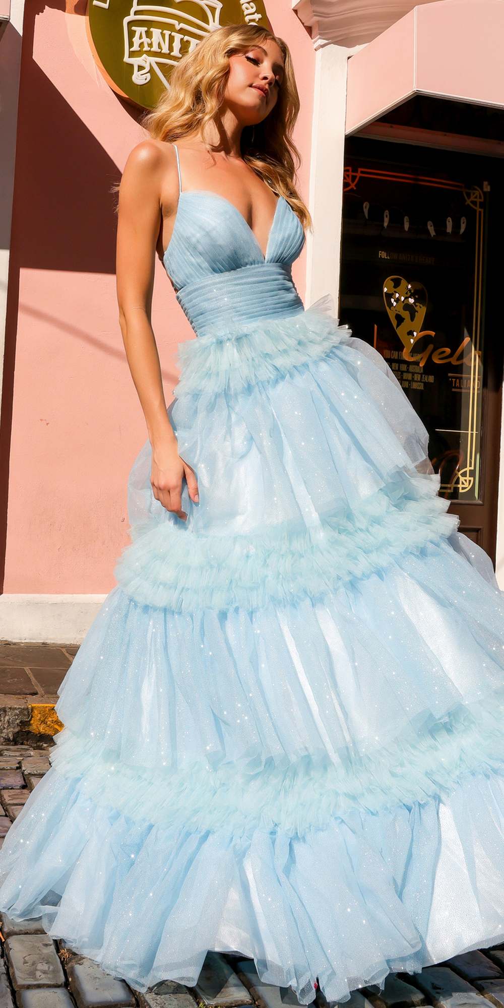 Vestido largo de noche sin mangas con volantes y falda de volantes escalonados, modelo Anabel R1316