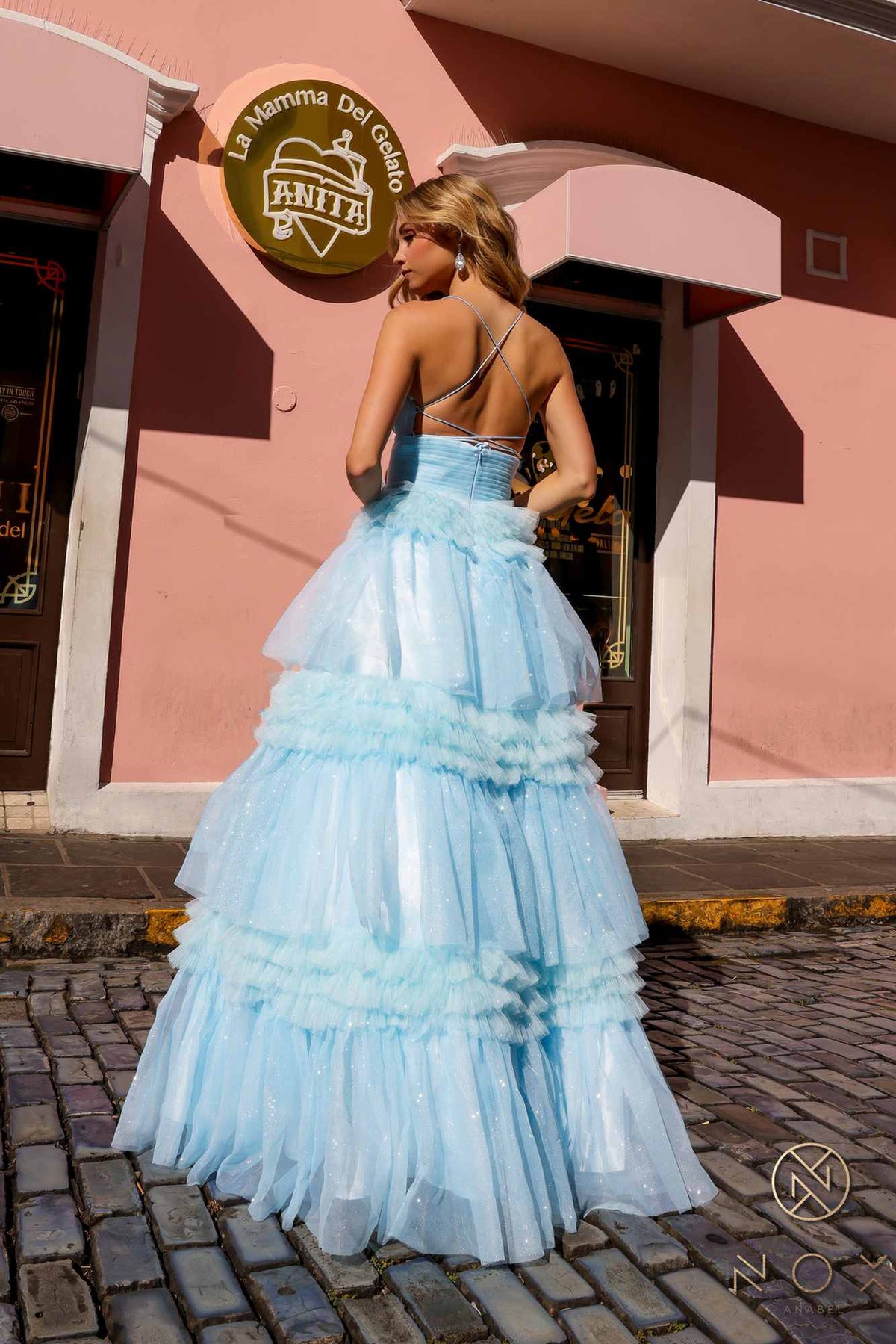 Vestido largo de noche sin mangas con volantes y falda de volantes escalonados, modelo Anabel R1316