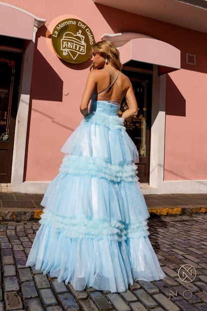 Nox Anabel R1316 Long Glitter Ruffled Tiered A-Line Sleeveless Gown