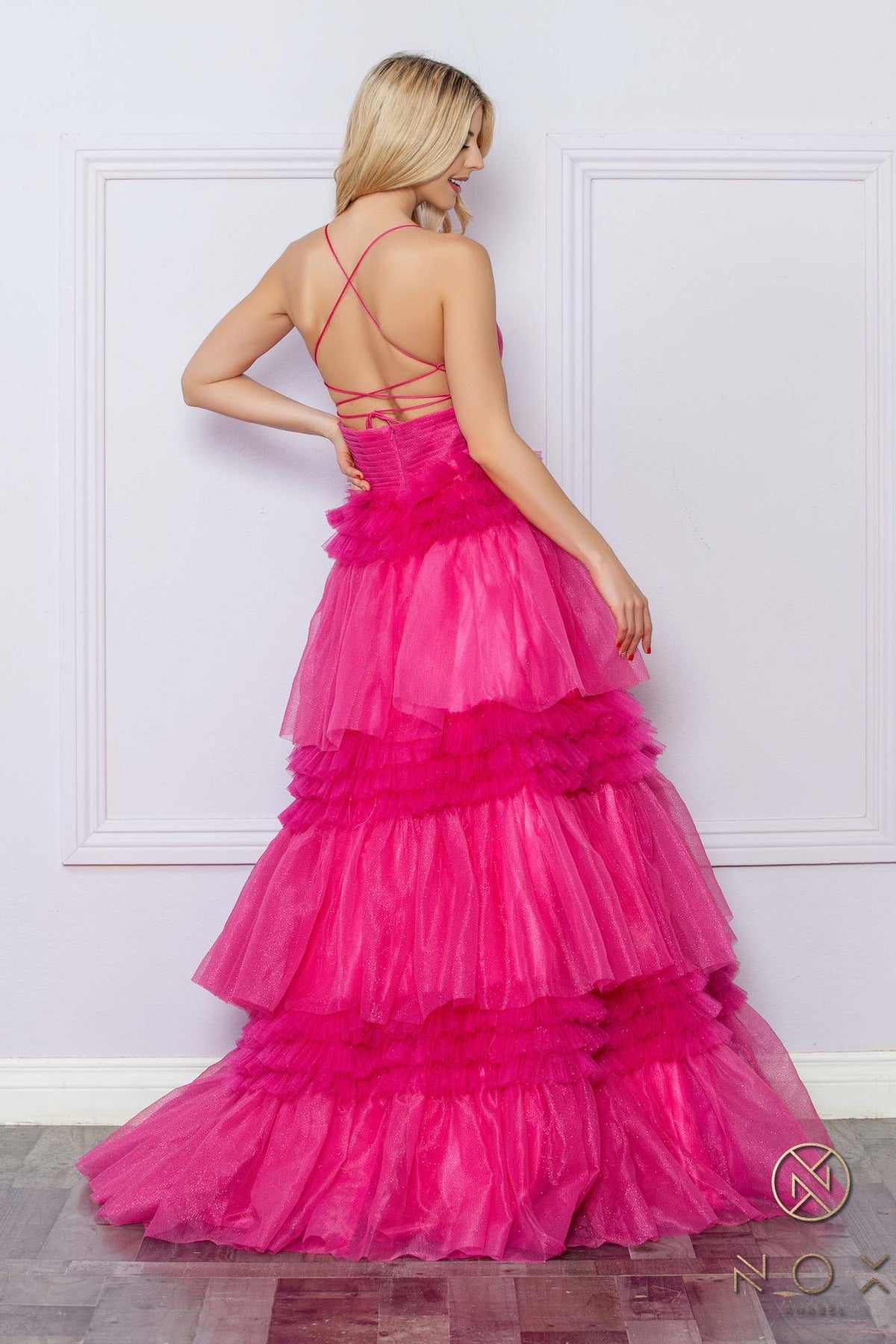 Vestido largo de noche sin mangas con volantes y falda de volantes escalonados, modelo Anabel R1316