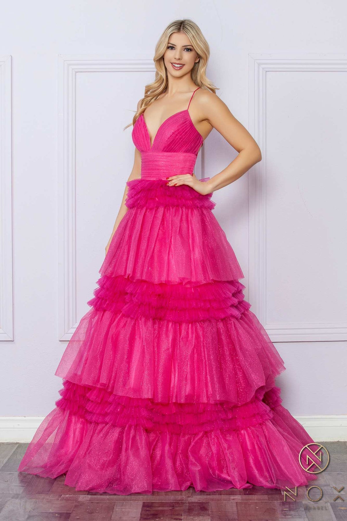 Vestido largo de noche sin mangas con volantes y falda de volantes escalonados, modelo Anabel R1316