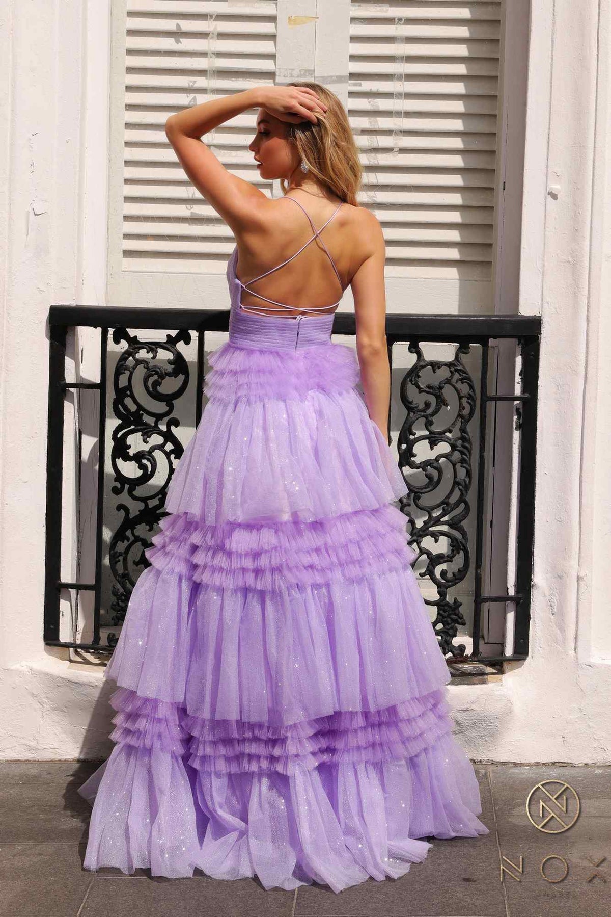 Vestido largo de noche sin mangas con volantes y falda de volantes escalonados, modelo Anabel R1316