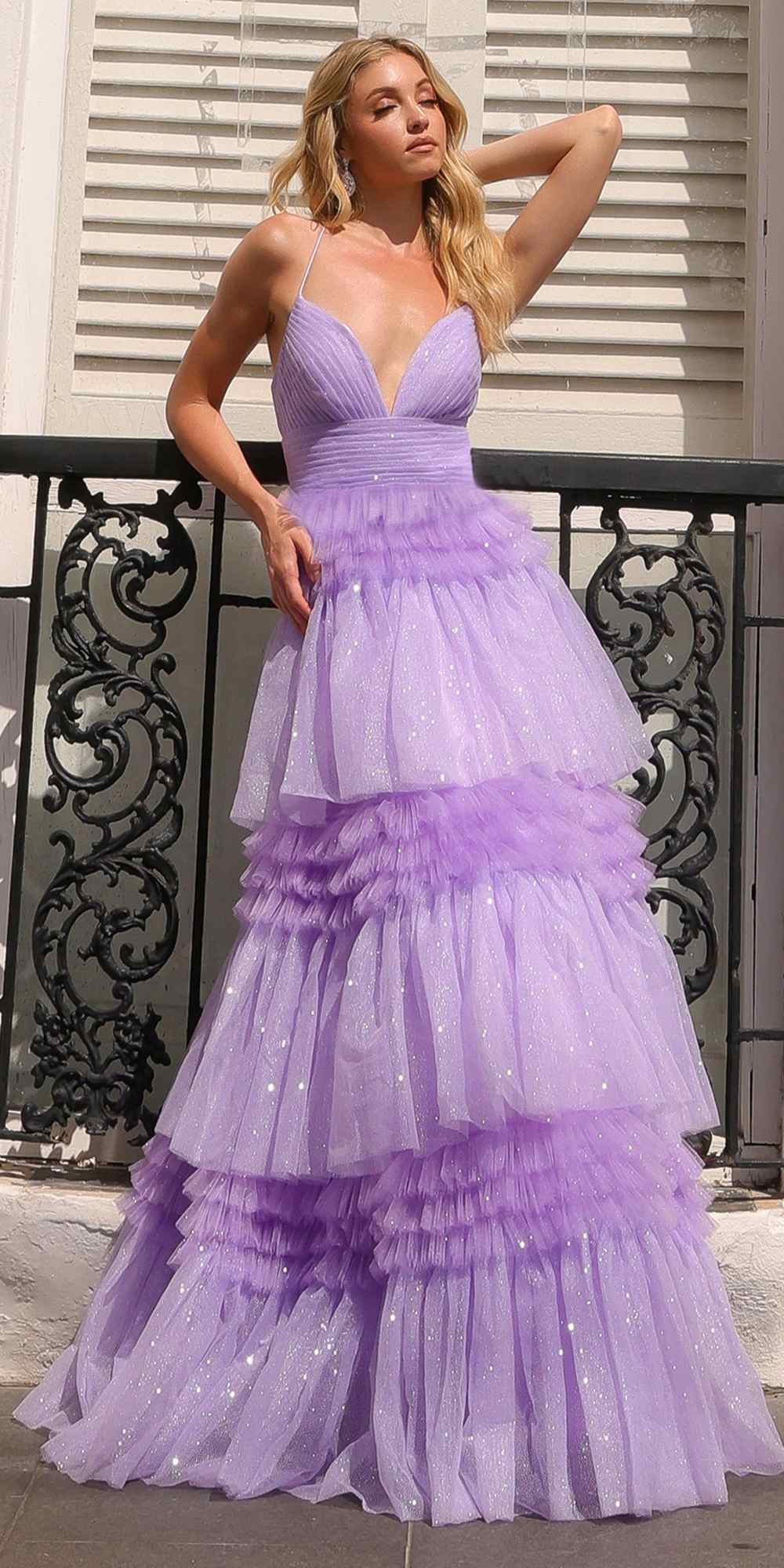 Vestido largo de noche sin mangas con volantes y falda de volantes escalonados, modelo Anabel R1316