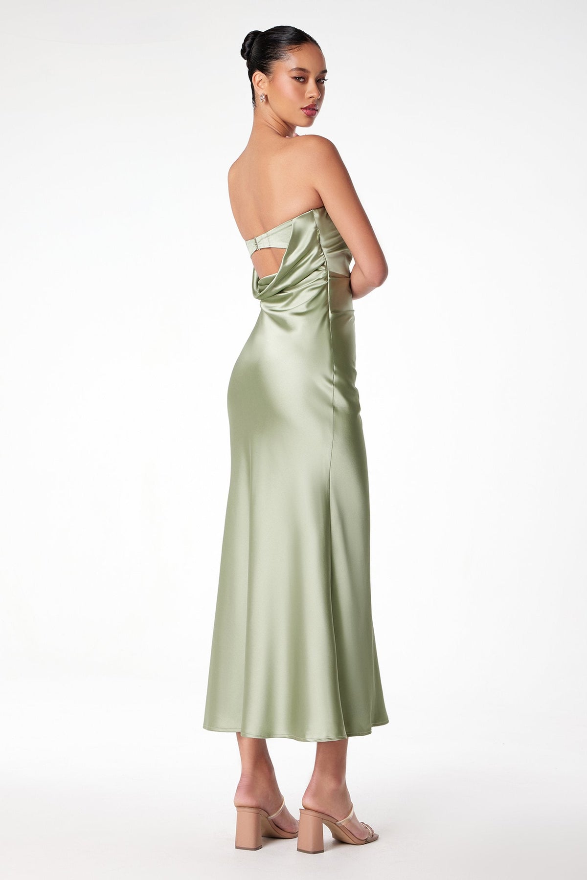 Astee T2006 Tea Length Satin Dress Cut Out Cowl-Like Back