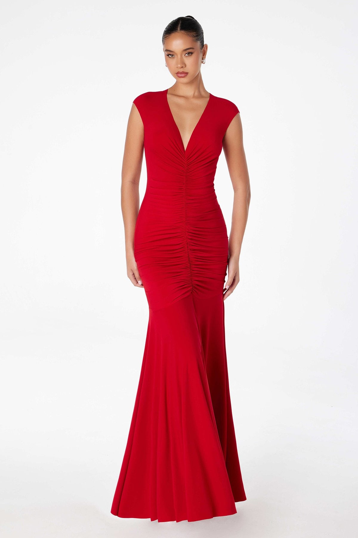 Astee T2009 Long V-Neckline Ruched Mermaid Gown