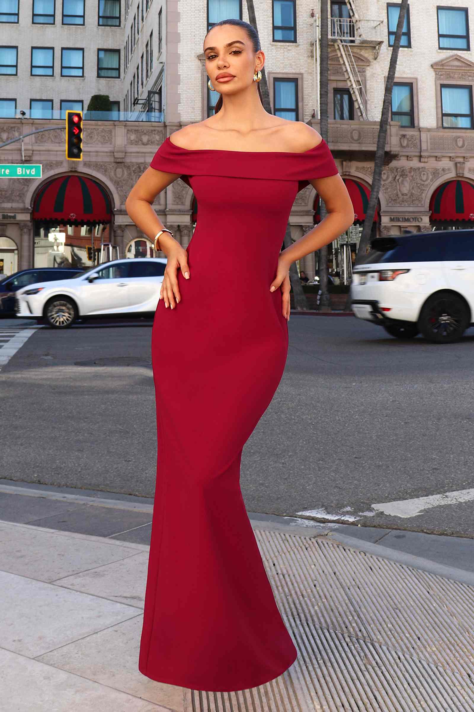 Astee T2011 Off the Shoulder Fitted Evening Gown Back Slit