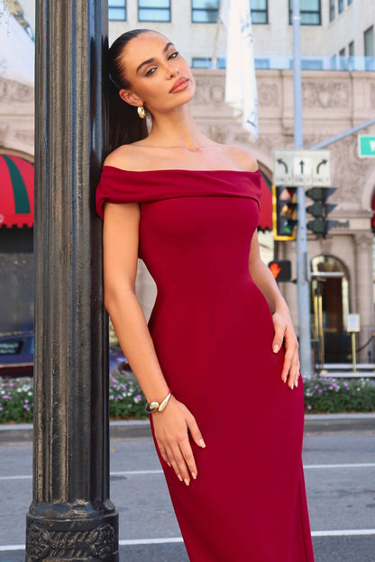 Astee T2011 Off the Shoulder Fitted Evening Gown Back Slit