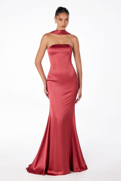 Astee T2012 Strapless Fitted Mermaid Gown with Scarf