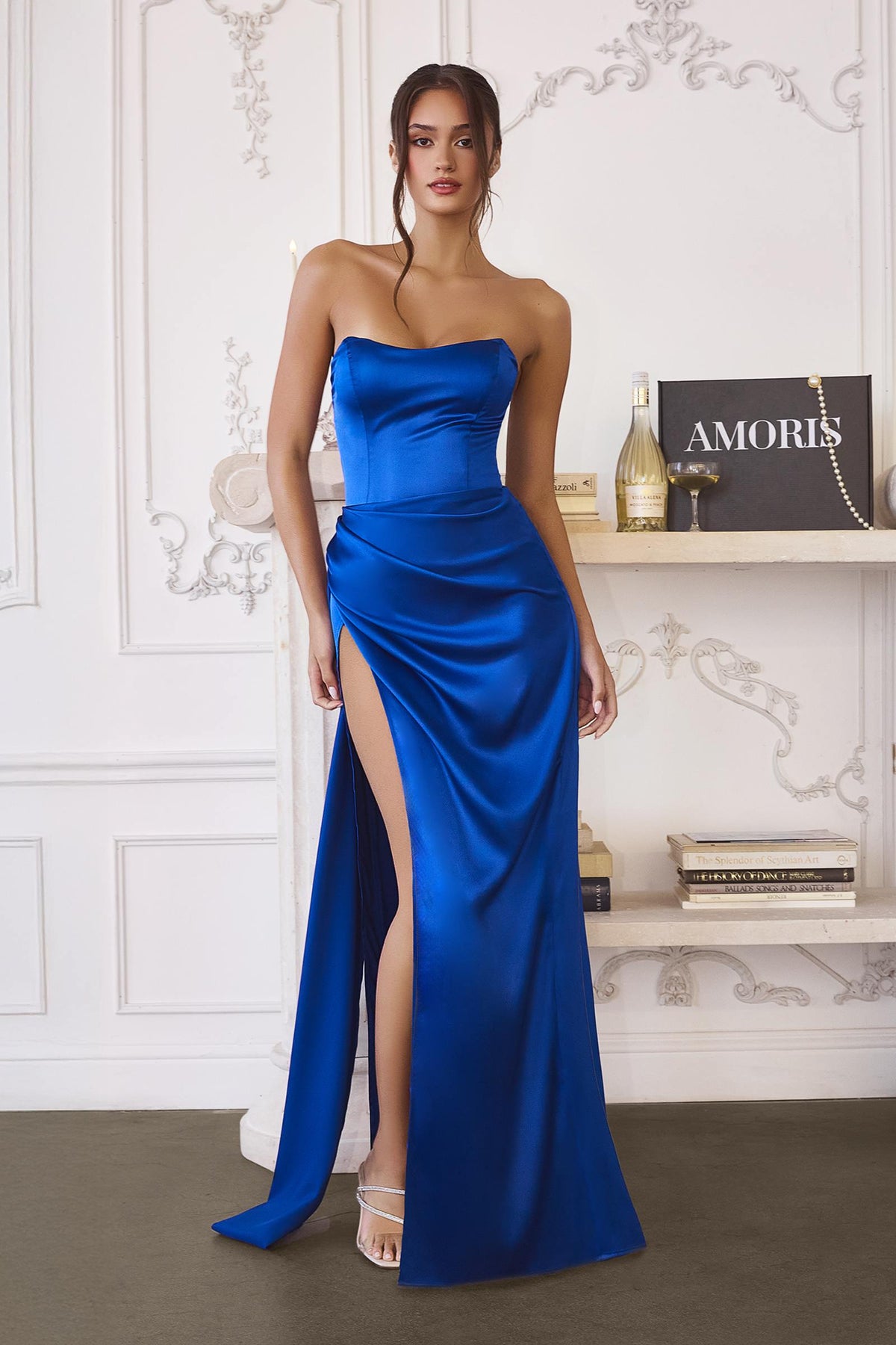 Amoris T215 Fitted Strapless Luxurious Satin Side Sash Evening Dress