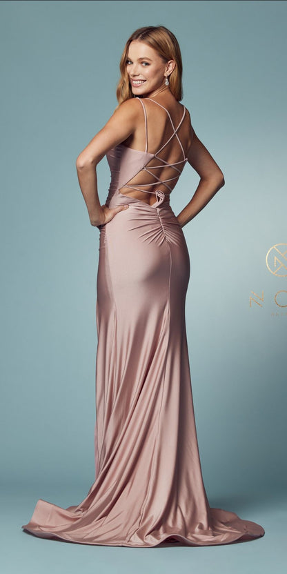 Nox Anabel T481 Long Scoop Neck Spaghetti Strap Fitted Gown Slit