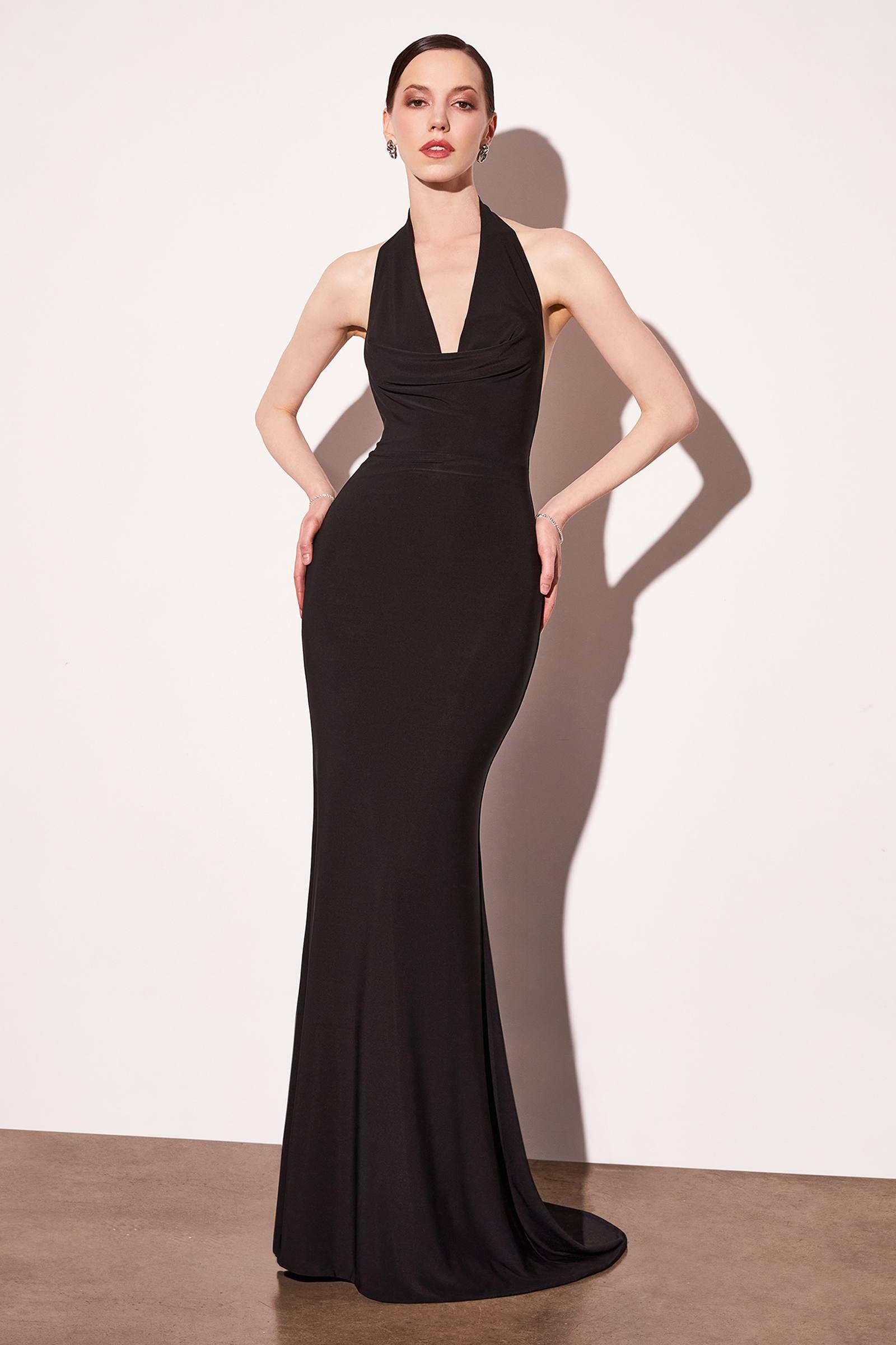 Astee T501 Long Halter V-Neckline Fitted Open Back Evening Gown