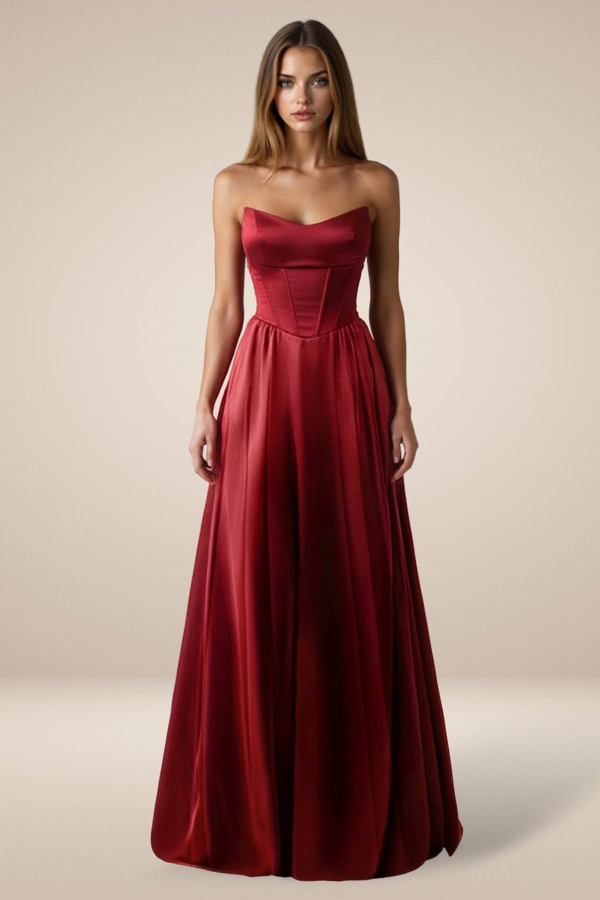 Amoris T612 Long A-Line Strapless Satin Semi-Formal Gown