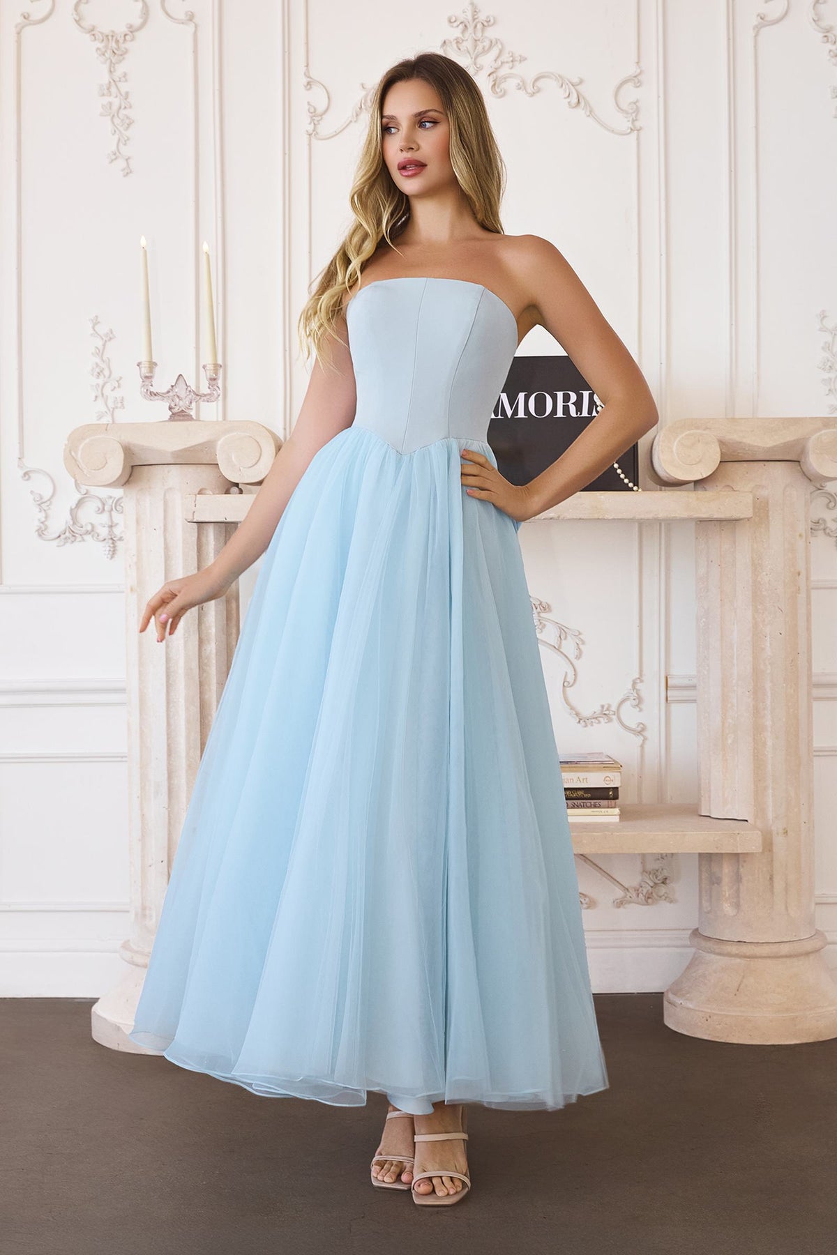 Amoris T712 Strapless Crepe Bodice A-Line Gown Layered Tulle Skirt