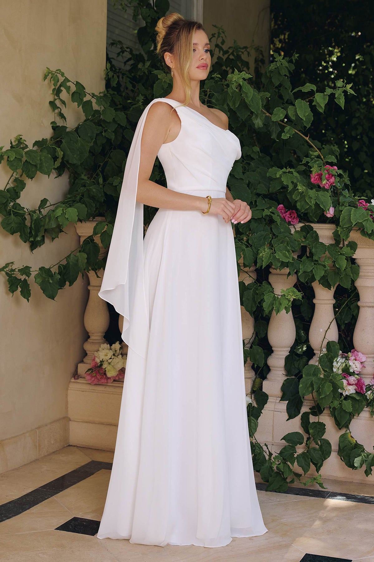Amoris T716W One Shoulder Chiffon A-Line Off White Evening Dress