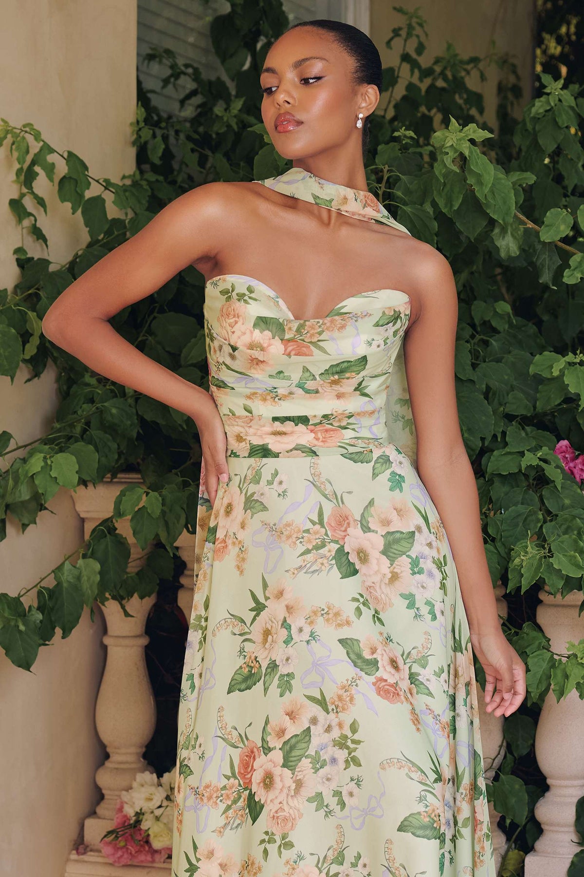 Amoris T717 Floral Chiffon A-Line Gown Corset Back