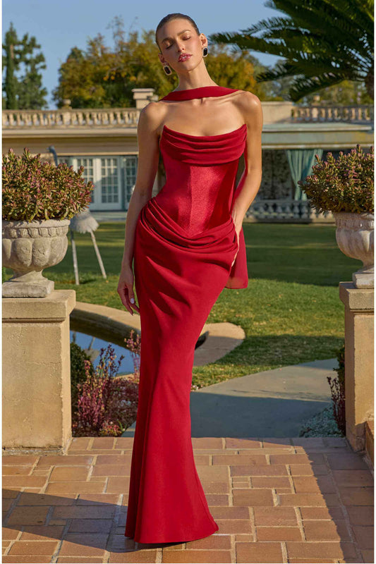 Amoris T732 Vestido de noche semi-formal sin tirantes con corte columna
