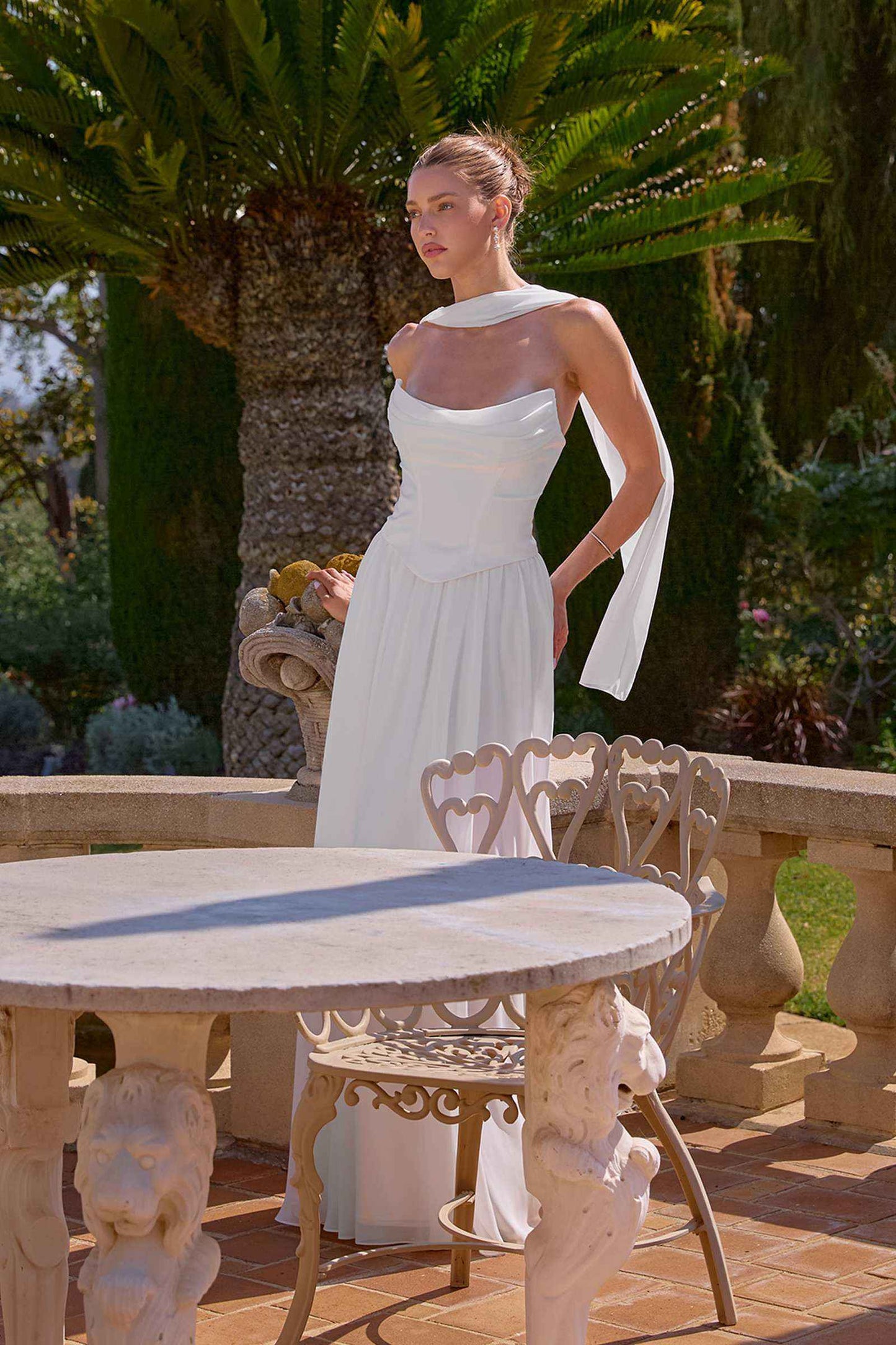Amoris T741W Flowing A-Line Strapless Chiffon Off White Evening Gown