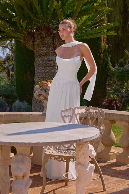 Amoris T741W Flowing A-Line Strapless Chiffon Off White Evening Gown
