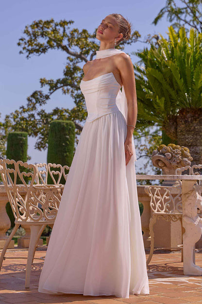 Amoris T741W Flowing A-Line Strapless Chiffon Off White Evening Gown