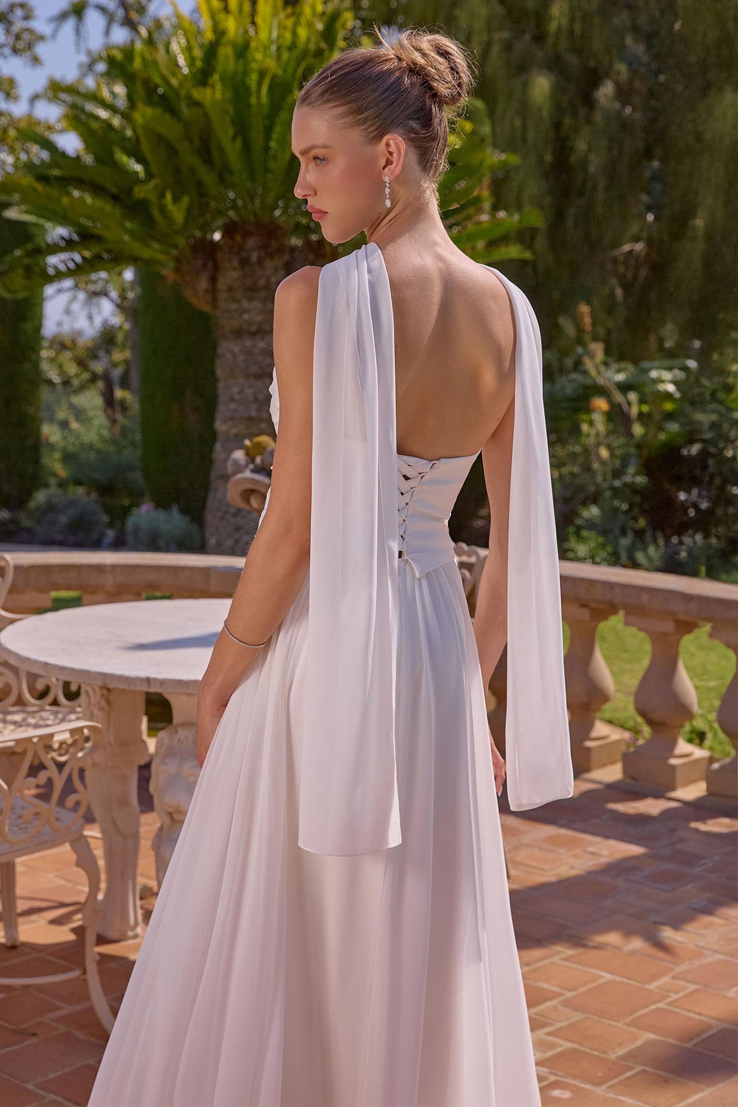 Amoris T741W Flowing A-Line Strapless Chiffon Off White Evening Gown