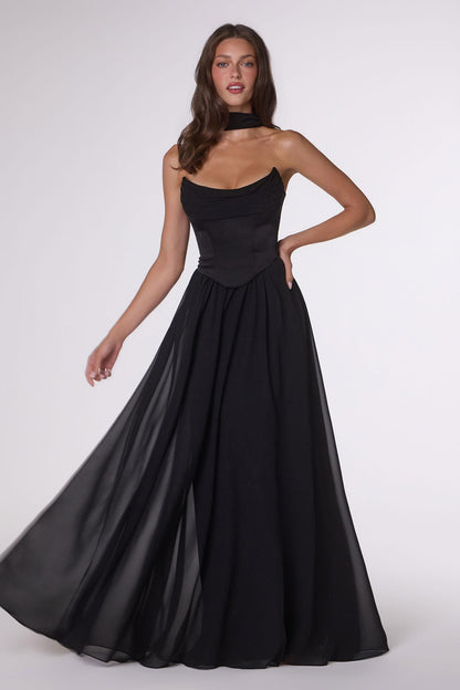 Amoris T741 Flowing A-Line Strapless Chiffon Evening Gown